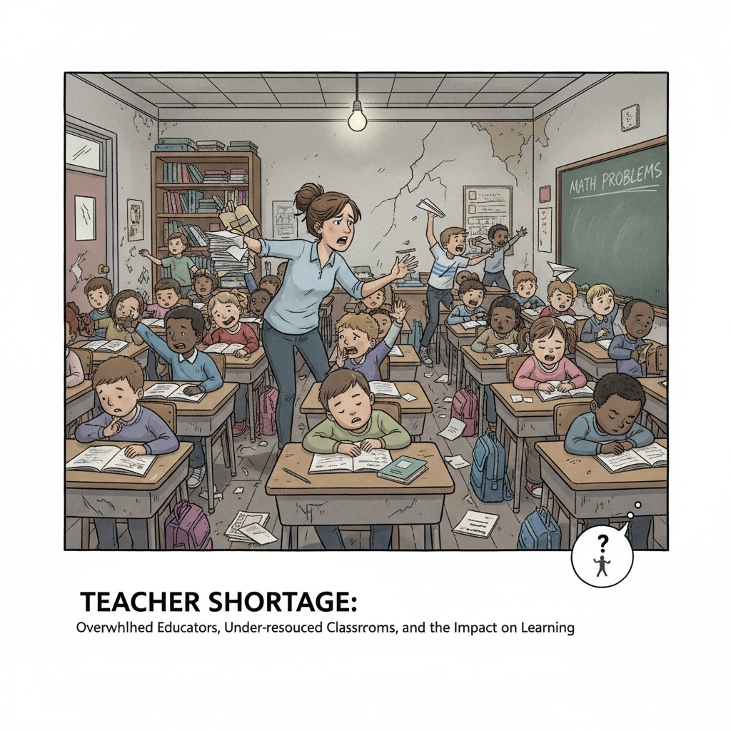 A teacher trying to manage a large class in a poor - quality classroom, depicting the teacher shortage problem and its impact on education. Education inequality in South Africa - Teacher shortage in a crowded classroom