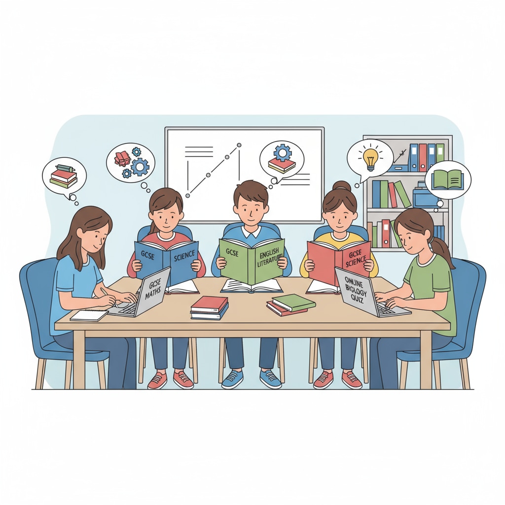 A group of teenagers are sitting at a table, some are reading GCSE textbooks, while others are using laptops to access online learning resources related to GCSE courses. Teenagers using self-learning resources for GCSE courses to overcome educational neglect
