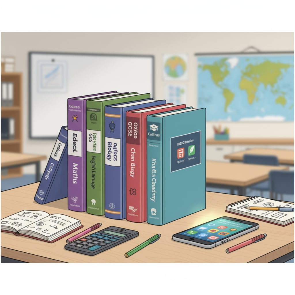 A display of popular GCSE textbooks neatly arranged on a desk, along with a smartphone showing educational apps on the screen. Collection of self-learning resources for GCSE courses to help teenagers with educational neglect