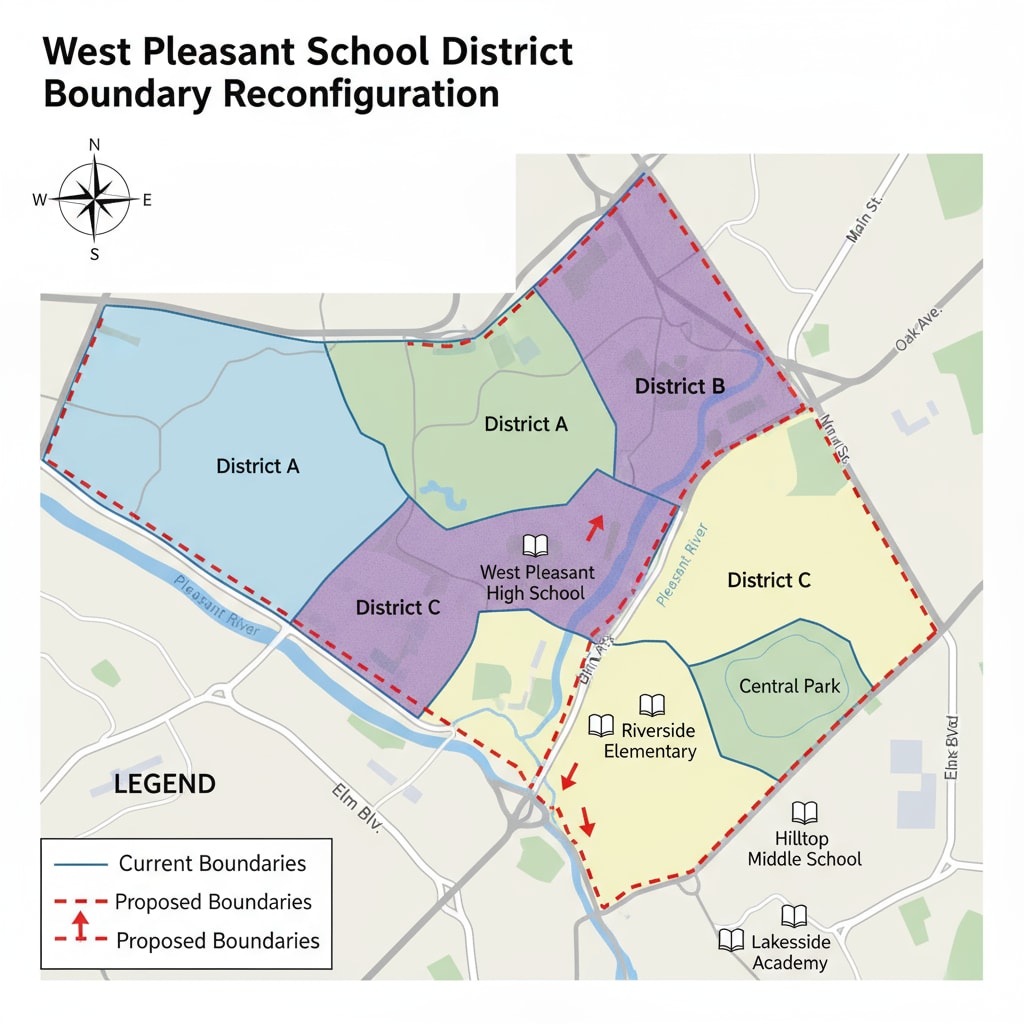 A map that shows both the current and the proposed school district boundaries in West Pleasant, highlighting the areas of change. Map of West Pleasant School District Boundary Changes Due to Improper Planning