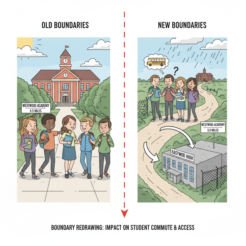 A group of students walking to school, symbolizing the potential impact of boundary redrawing on their daily commute and educational experience. Students Affected by School District Boundary Redrawing and Petition for Fairness