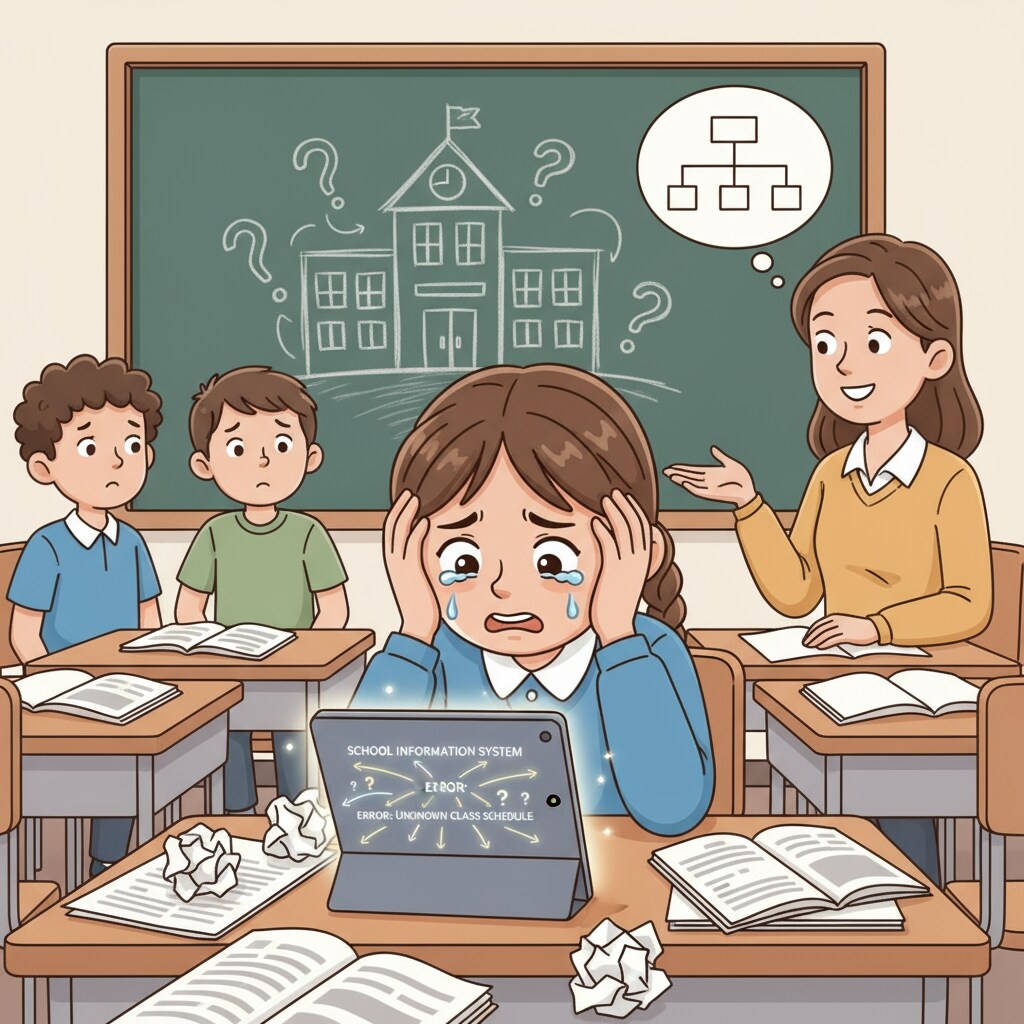A classroom scene where a child looks distressed due to school information mishap A child in a classroom looking sad because of school's wrong information about family