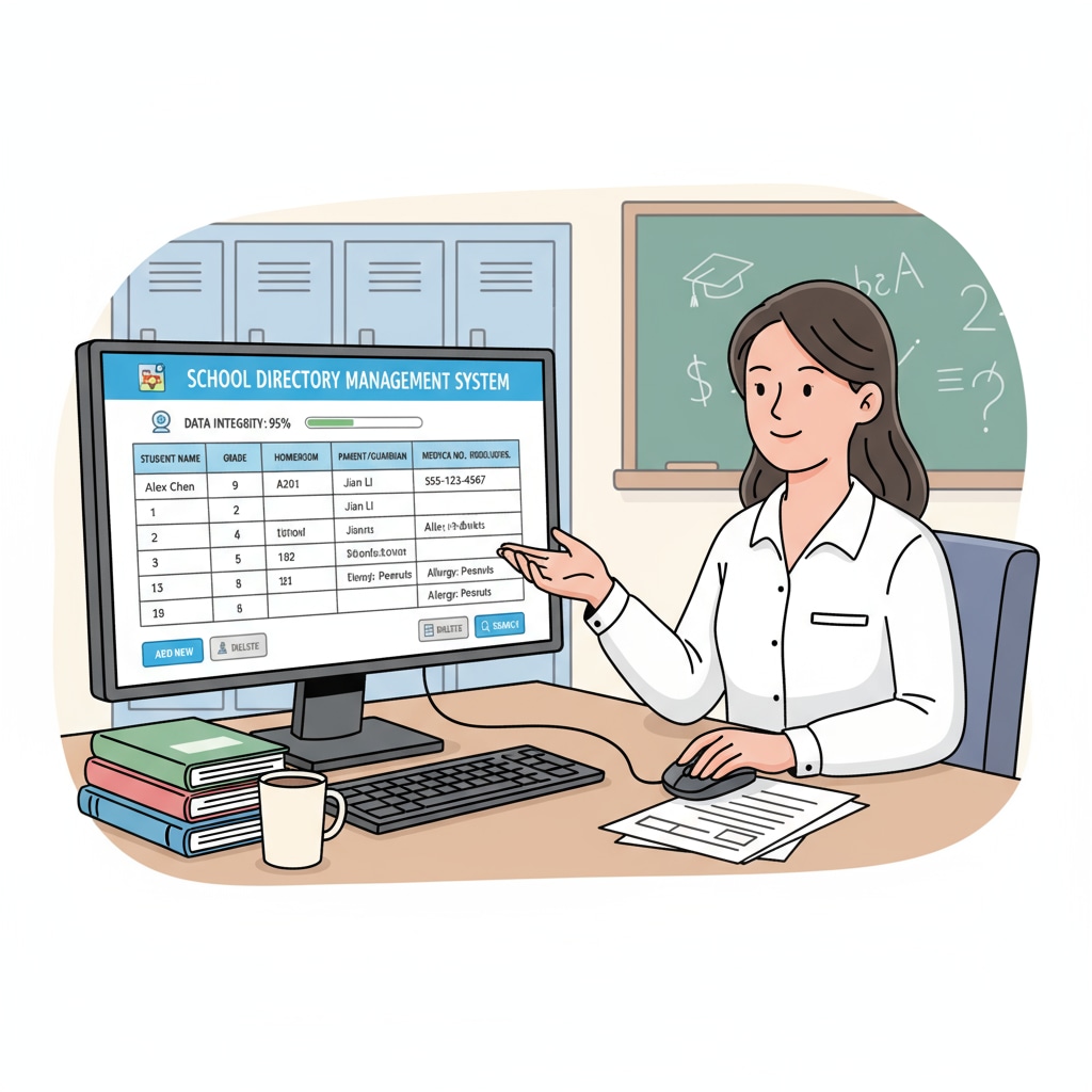 A person carefully managing school directory information on a computer A person managing school family directory information to avoid errors