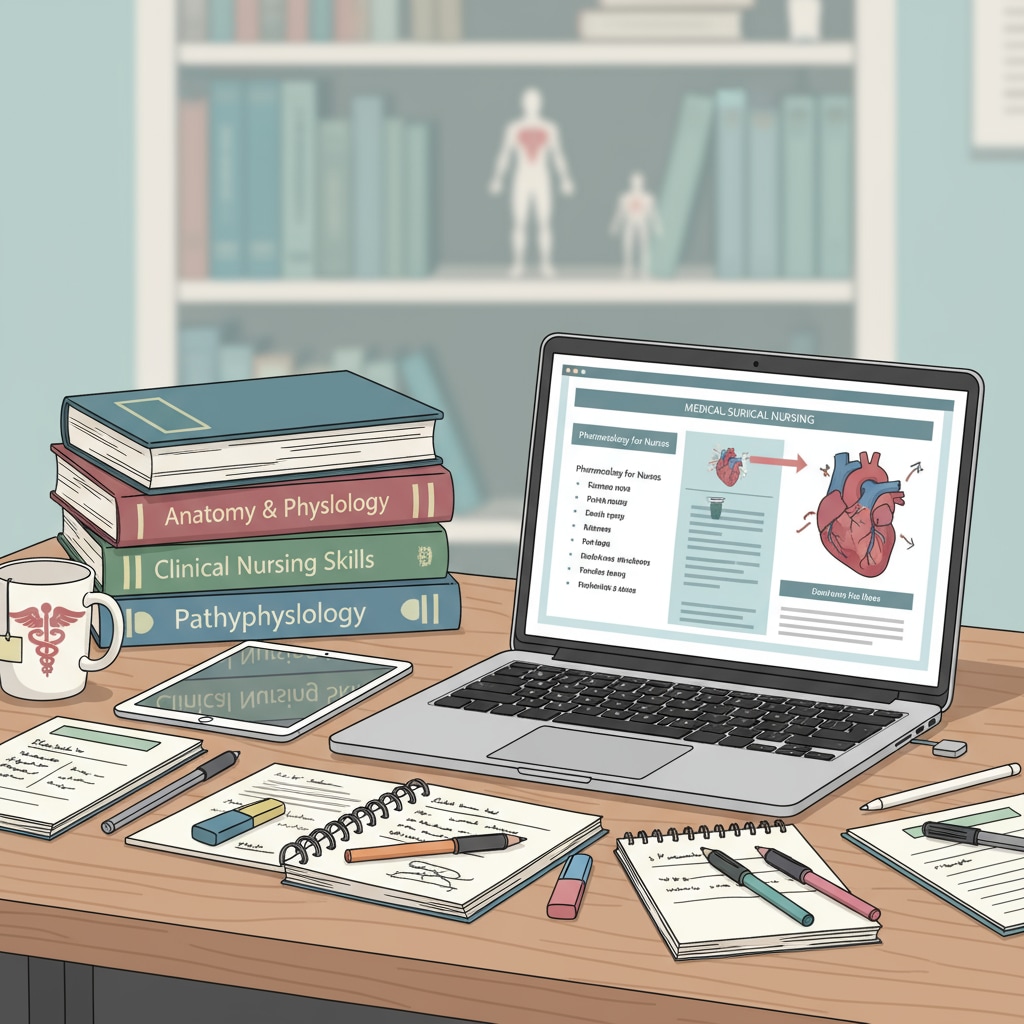 A student is sitting at a desk, using a laptop to access nursing study materials. There are books and notes beside the laptop. Student using laptop to study nursing materials for online degree without ACT/SAT