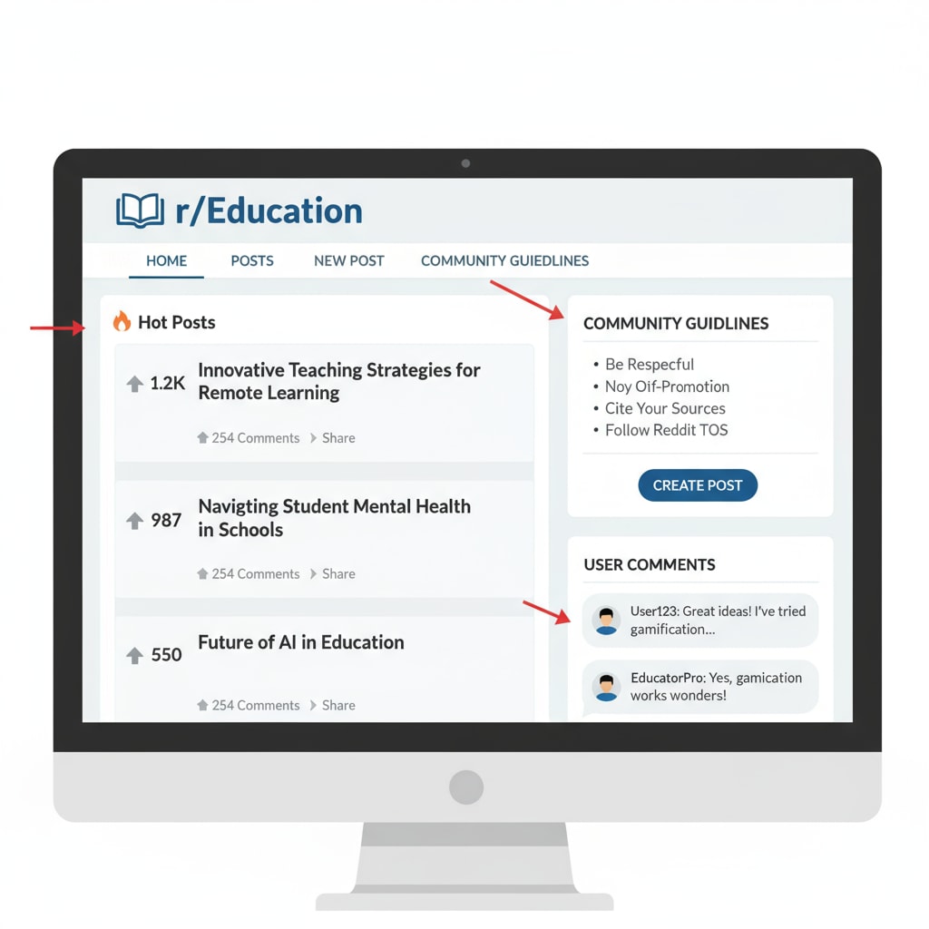 The image displays the layout of the r/Education subreddit page, showing the post titles, user comments, and community guidelines section. Layout of the Reddit education community (r/Education) page highlighting community rules and subreddit resources