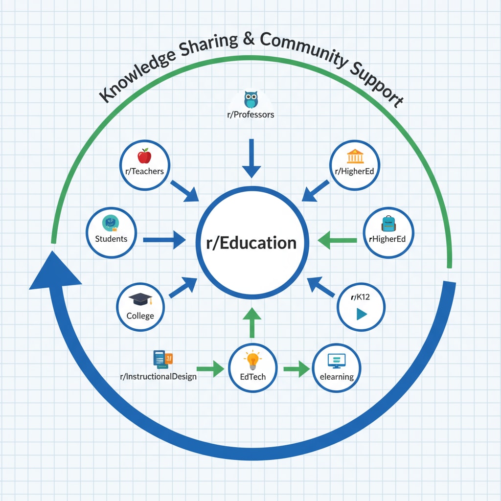 This visual representation shows different education-related subreddits, with arrows connecting them to indicate the relationships and flow of information within the educational network on Reddit. Visual map of various education subreddits on Reddit, emphasizing educational network and subreddit resources