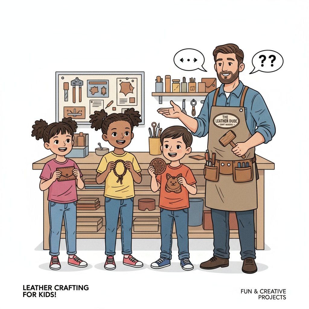 A group of children are smiling as they hold various leather craft items they have made, with The Leather Dude standing nearby, guiding them. Children enjoying leather education with The Leather Dude