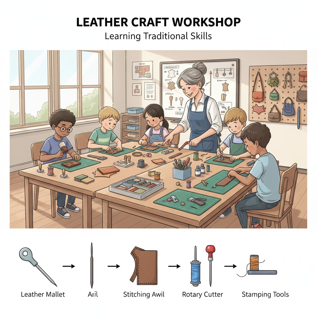 In a classroom, children are intently working on leather projects, using different tools and materials under the supervision of a teacher. Children engaged in leather craft activities in a K12 classroom with The Leather Dude's influence
