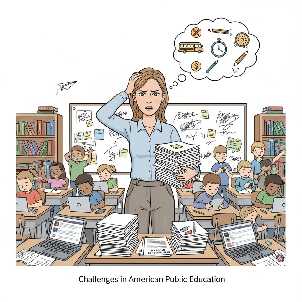A teacher looking a bit stressed in front of a classroom, representing the challenges teachers face in the American public education system. A stressed teacher in the context of American public education, parent complaints, teacher feedback, education disputes