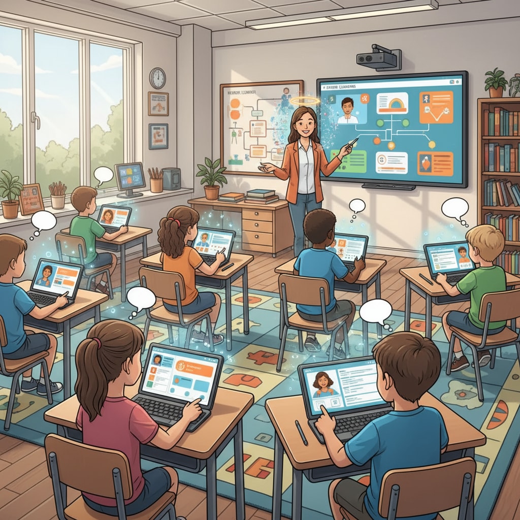 An illustration depicts students actively using AI-powered educational tools in a classroom environment, showing tablets and interactive boards with educational content. Students using AI-based educational tools in a classroom related to educational facts, fun knowledge, and AI tools
