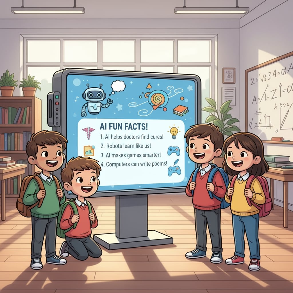 A scene shows a group of students with big smiles on their faces, gathered around a display that is presenting AI-generated fun knowledge, like colorful graphics and interesting facts. Students enjoying AI-generated fun knowledge, related to educational facts, fun knowledge, and AI tools