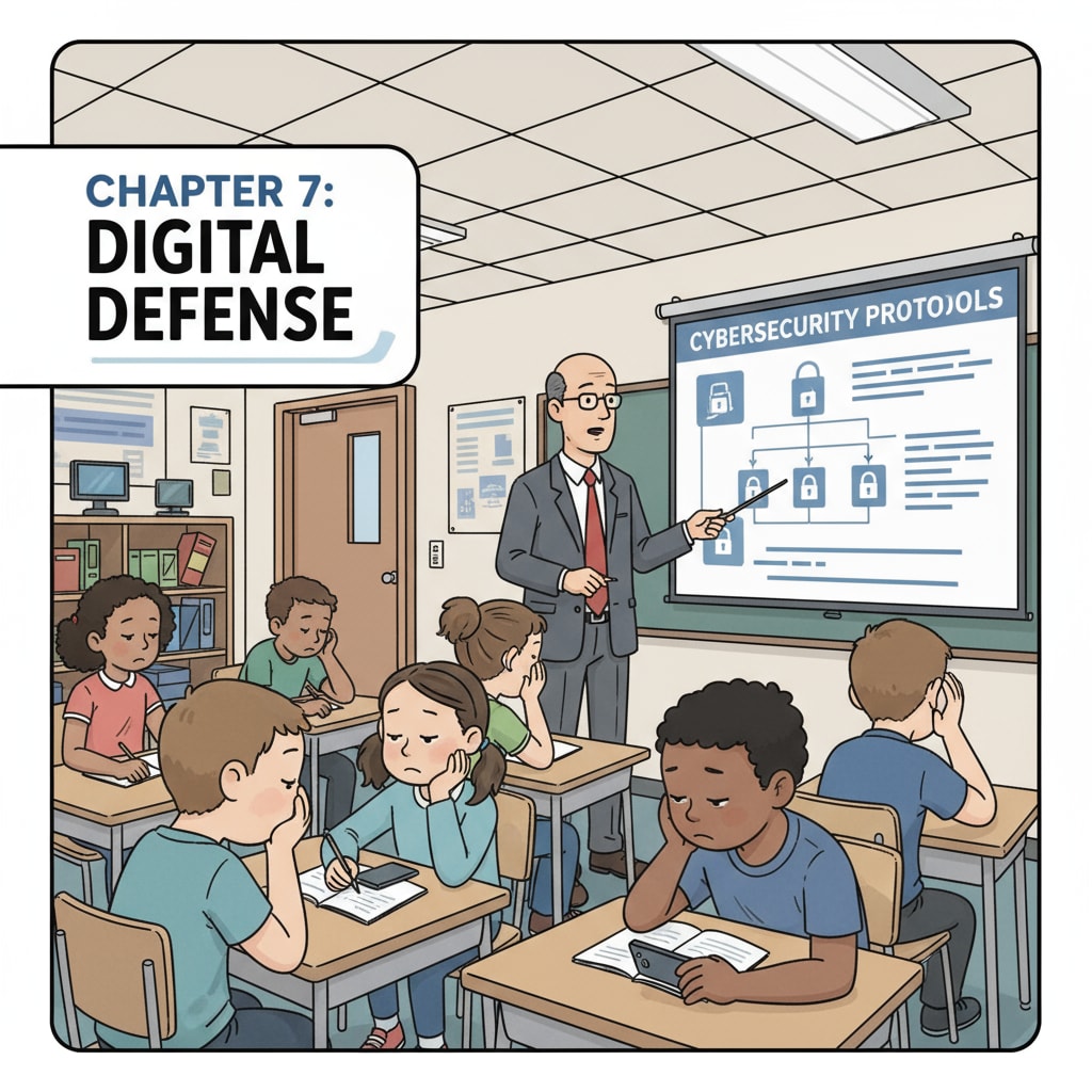 A group of K12 students looking bored during a traditional cybersecurity lecture. Bored K12 students during a traditional cybersecurity lecture related to teaching methods and student engagement