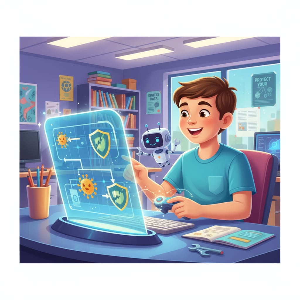 A K12 student actively playing a cybersecurity-themed game. Engaged K12 student playing a cybersecurity game for effective education