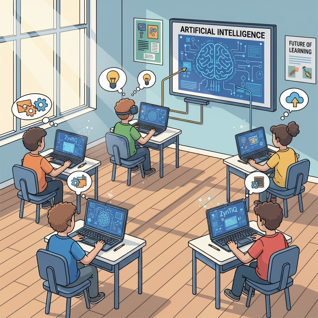 Students are using digital devices such as tablets and laptops to access ZynTiQ's AI education courses, showing their engagement in learning. Students accessing ZynTiQ's AI education courses through digital devices