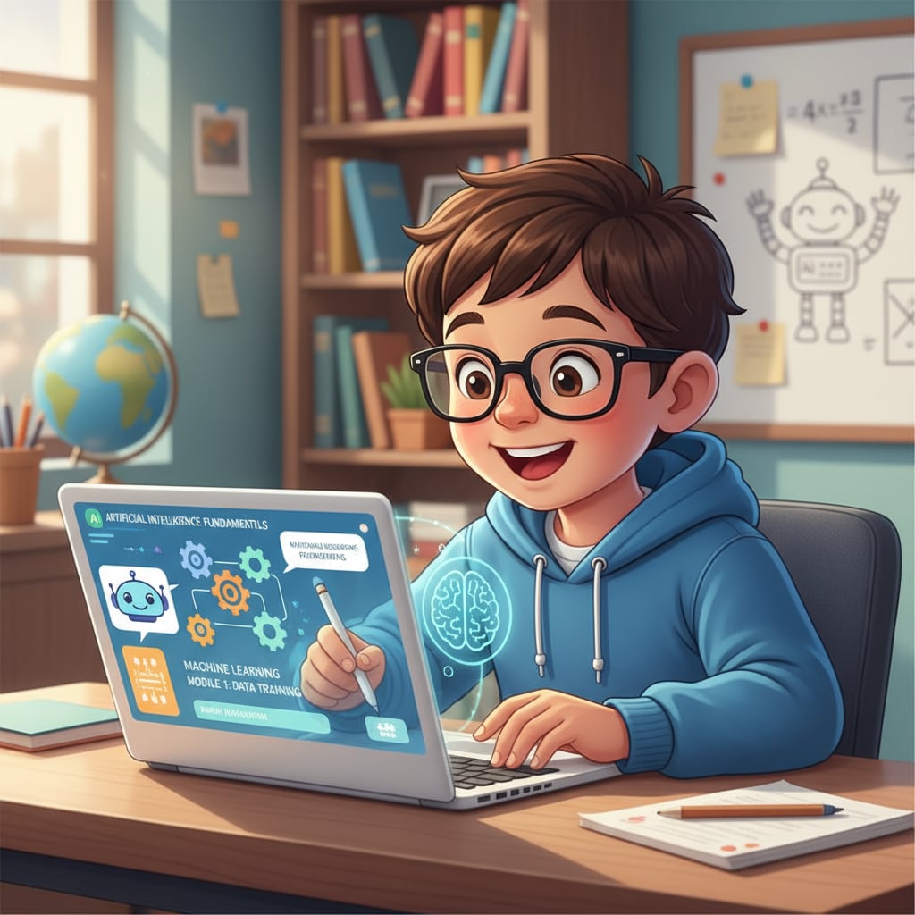 A young student is sitting at a desk, concentrating on an AI education course on a computer screen, with an excited expression. A student studying an AI education course with enthusiasm