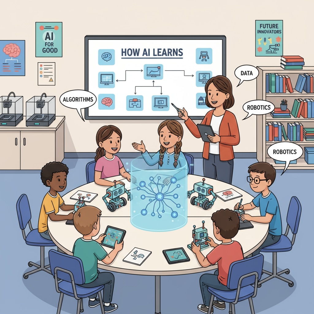 Students in a K12 classroom are actively involved in an activity related to AI, such as discussing AI concepts or working on AI projects. K12 students engaging in AI-related activity for AI courses, prompt writing, and social popularization