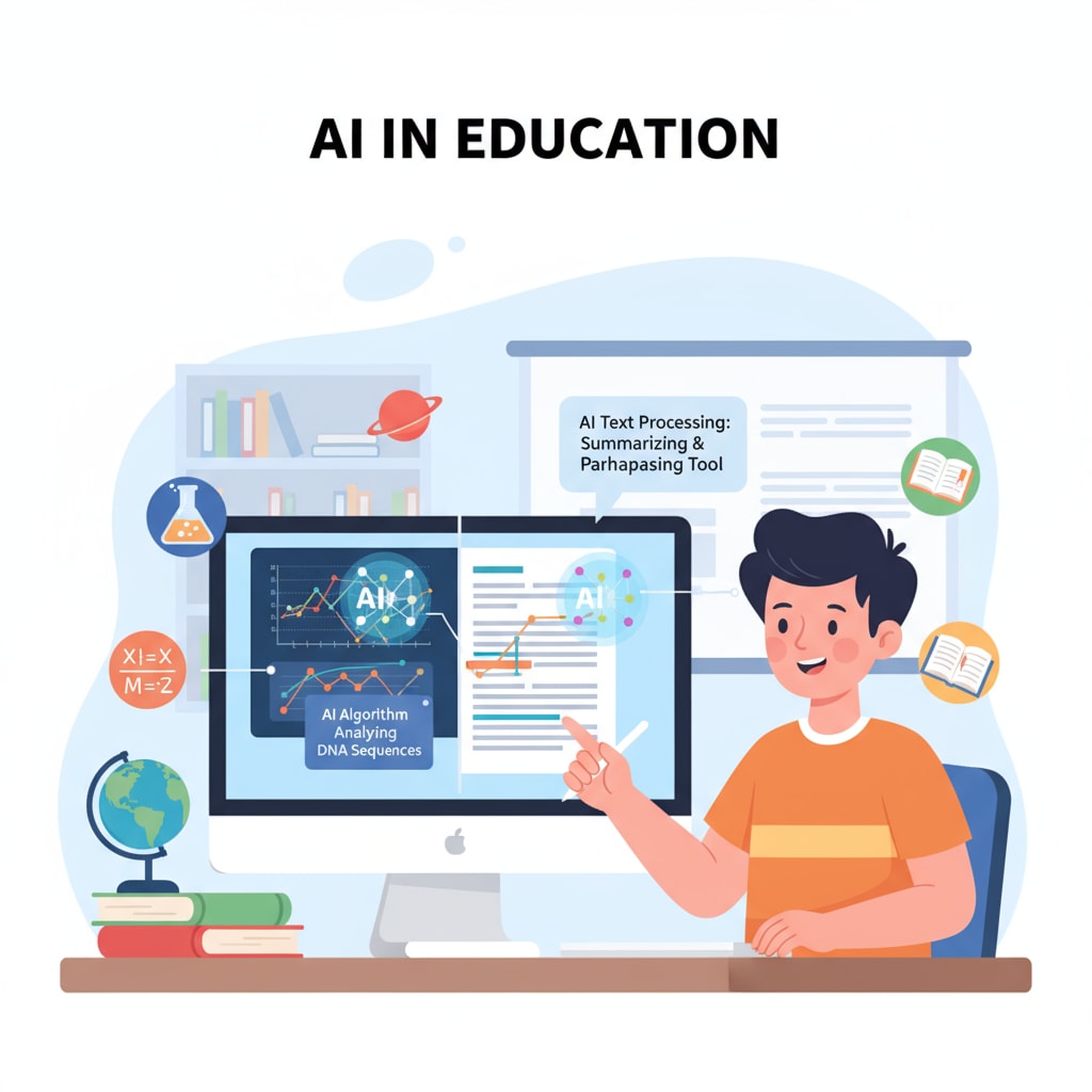 A K12 student is sitting in front of a computer, exploring how AI is integrated into different academic subjects, like using AI tools for science data analysis or language arts text processing. K12 student learning about AI integration in different subjects for AI courses, prompt writing, and social popularization