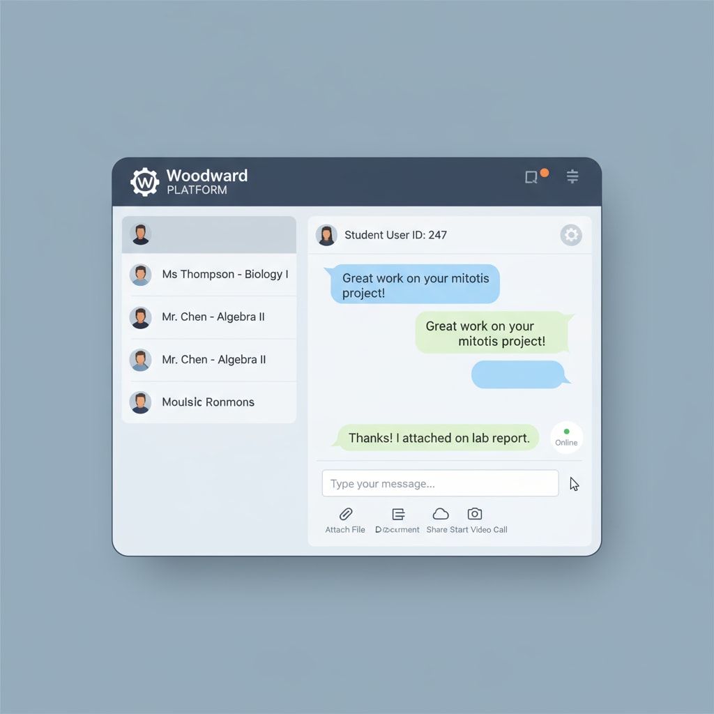 A screenshot of the Woodward platform interface showing a chat window between teachers and students, with features like message sending, file sharing, and real-time interaction clearly visible. Woodward platform interface for classroom chat