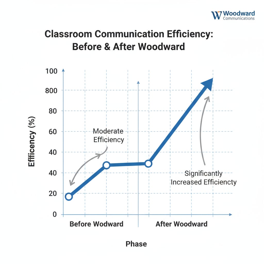 A graph comparing the efficiency of classroom communication before and after using Woodward, with the data clearly indicating an upward trend in efficiency. Efficiency comparison graph of classroom communication with Woodward