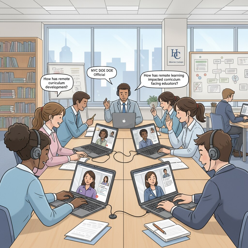 Hunter College students are sitting in a study area, using laptops to conduct virtual interviews with New York education system personnel. They are taking notes and having in-depth conversations. Hunter College students conducting virtual interviews for urban education projects