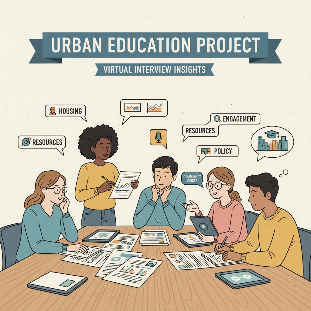 A group of students is gathered around a table, discussing the insights they have gained from their virtual interviews in an urban education project. They are looking at papers and sharing ideas. Students discussing findings from urban education virtual interviews