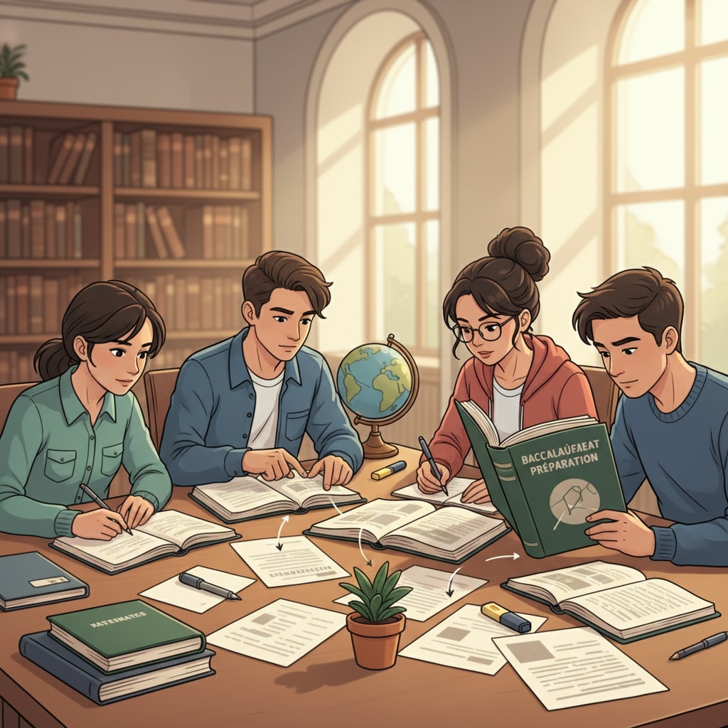 A group of students are sitting around a table in a library, books and notebooks spread out, concentrating on their studies related to baccalauréat preparation. Students studying together for baccalauréat preparation with effective time management