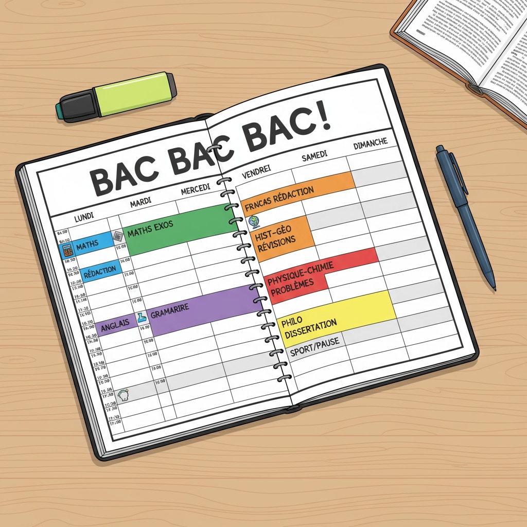 A student is sitting at a desk, looking at a planner with different study tasks and time slots marked for baccalauréat preparation. Student using a planner for baccalauréat study time management