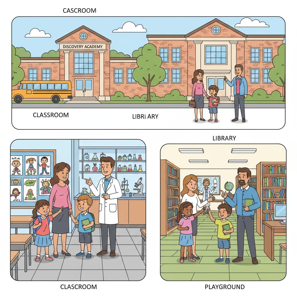 A group of parents and children exploring a public school campus, examining various facilities and classrooms. Parents and children visiting a public school for educational choice considerations.