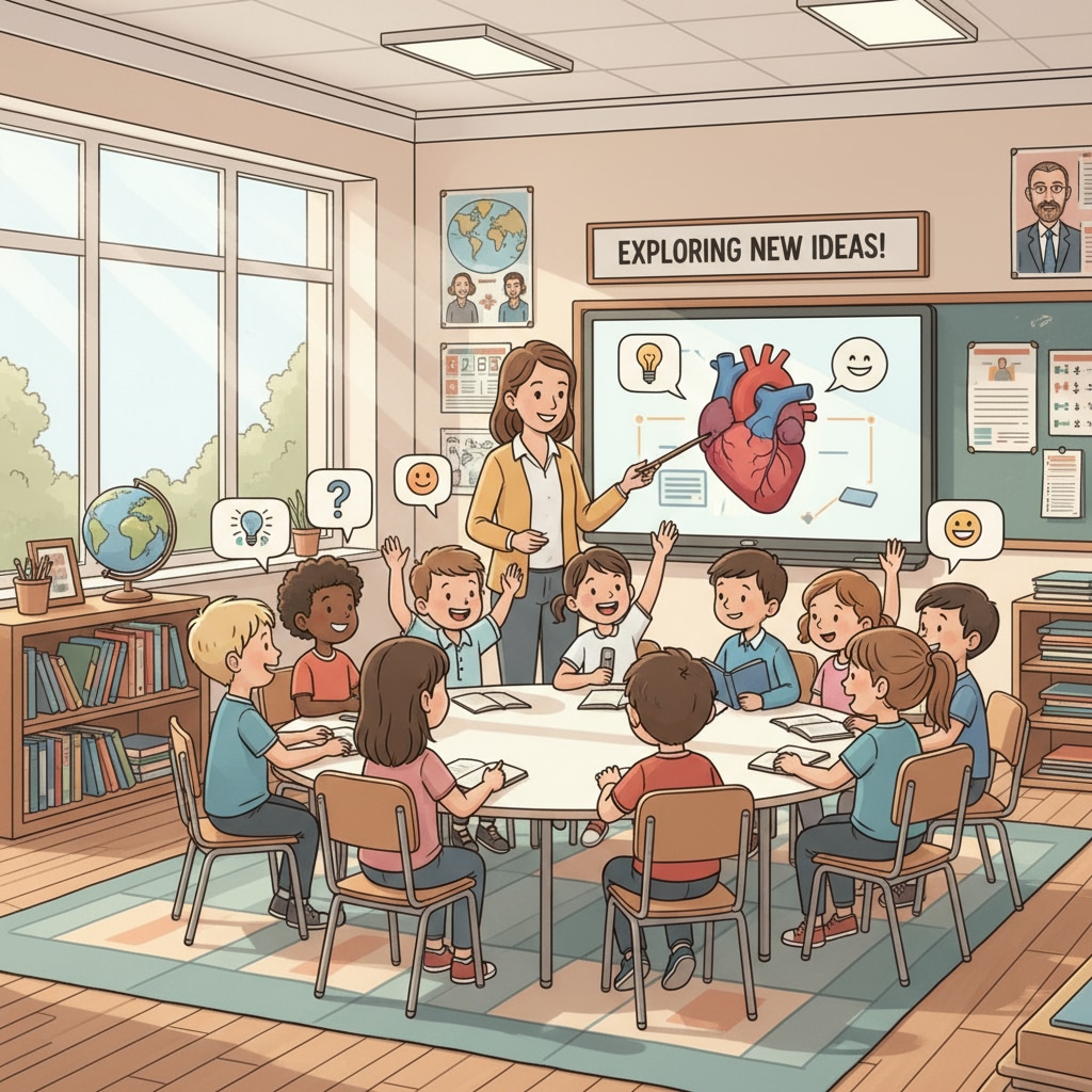 A classroom setting where students are engaged in a lively discussion under the guidance of a teacher, demonstrating the learning environment in a public school. Students actively learning in a public school classroom during a school visit for educational decision-making.