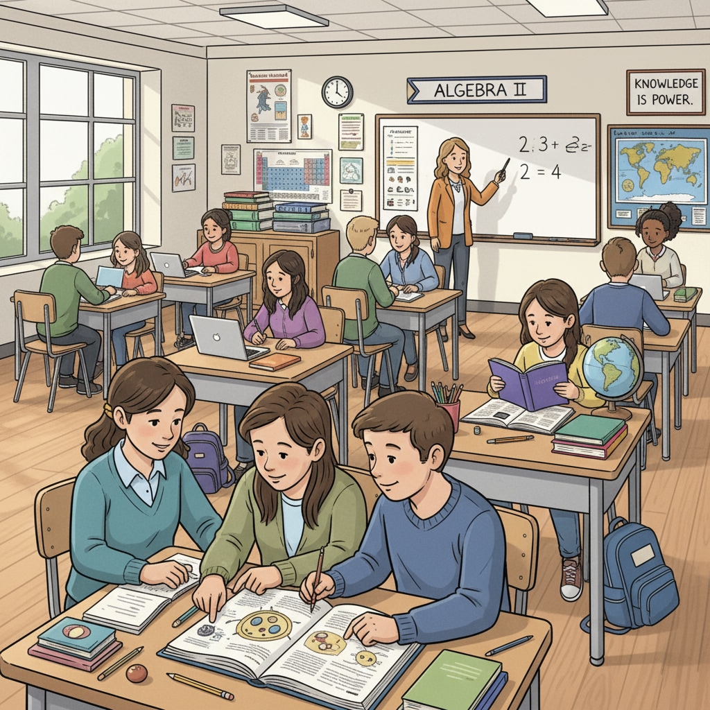 A classroom scene of students in a traditional public high school related to high school education choices