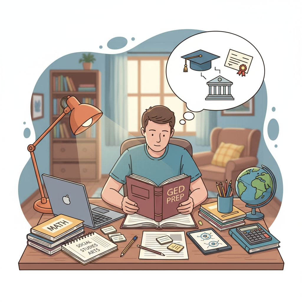 A person preparing for the GED test at home, relevant to high school diploma choices