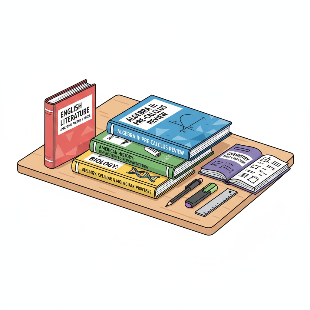 A collection of high school review workbooks neatly arranged on a study table, showing various titles related to different subjects including algebra. High school review workbooks for basic skills, including algebra, on a study table.