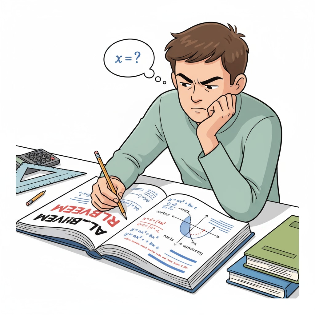 A student carefully examining a high-quality review workbook, with a focused expression, as if trying to understand algebraic concepts. A student studying a high school review workbook for basic skills, especially algebra.
