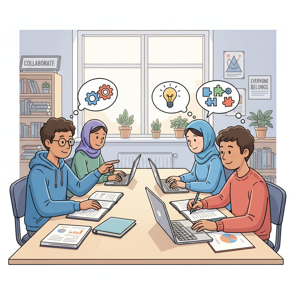 A group of students with autism spectrum disorder are seen collaborating on academic tasks in a supportive and inclusive environment. There are books and laptops on the table, indicating their learning activities. Students with autism spectrum disorder collaborating on academic tasks to overcome difficulties and complete high school assignments.