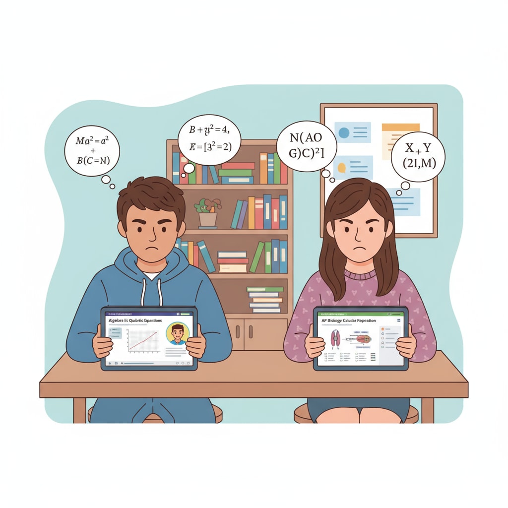 Two students are using Khan Academy on their tablets to study for their high school academic tasks. They are focused on the screen, where educational content is displayed. Students using Khan Academy, a Brainly alternative, to support their high school academic tasks and overcome autism-related difficulties.
