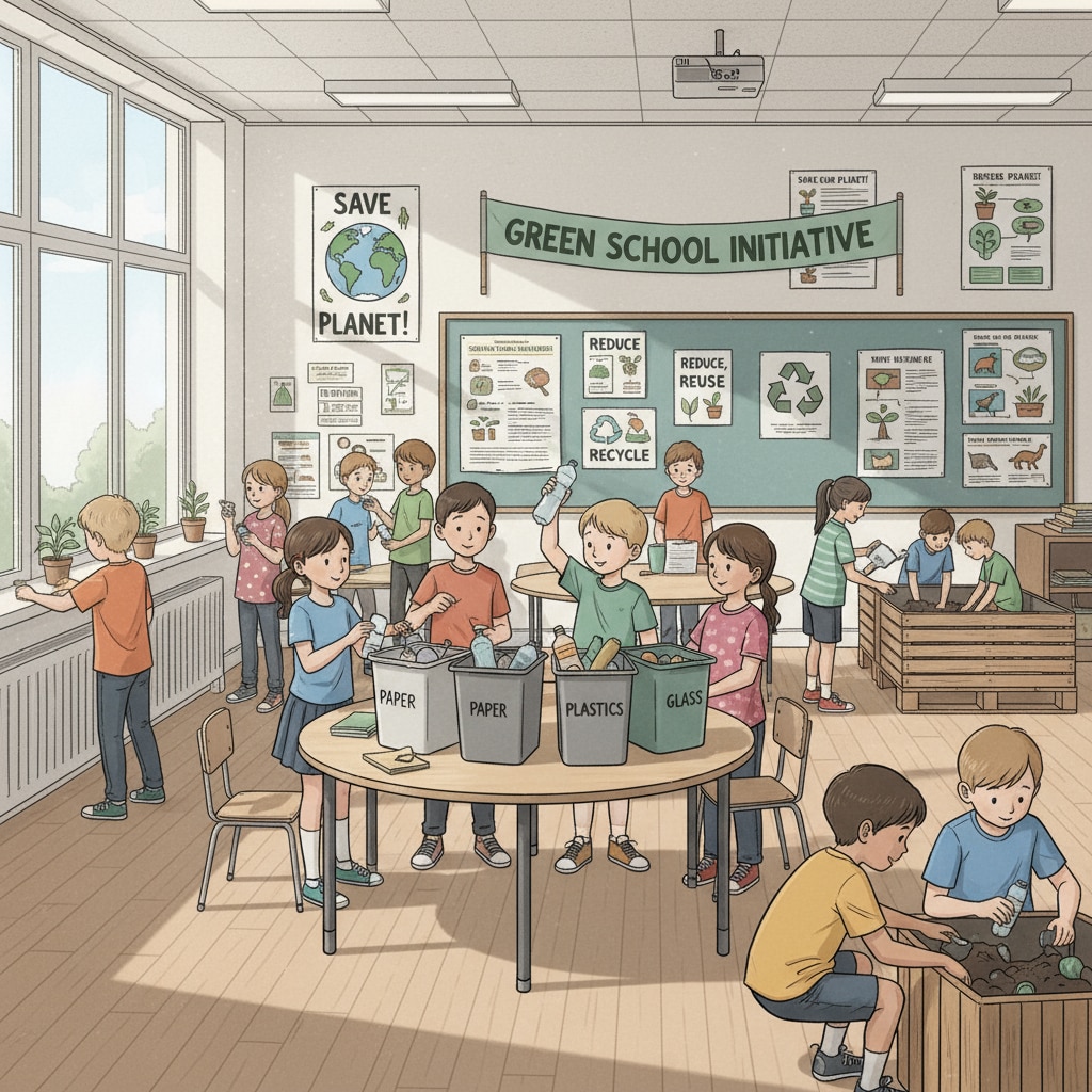 A classroom filled with students actively participating in an environmental project, with posters about nature and recycling on the walls. K-12 students engaged in conservation education project in the classroom