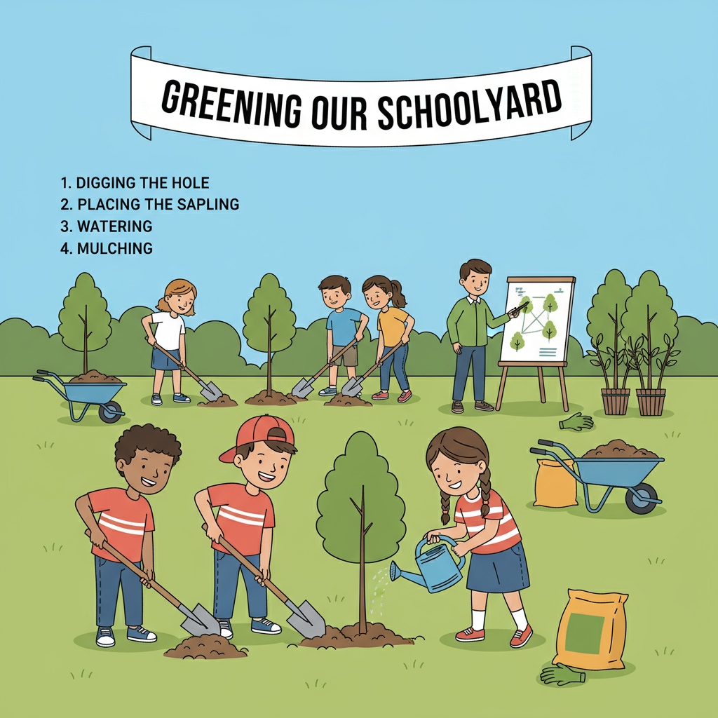 Students of different ages planting trees in a schoolyard, with shovels and watering cans, showing their enthusiasm for environmental activities. K-12 students contributing to conservation through tree planting activity