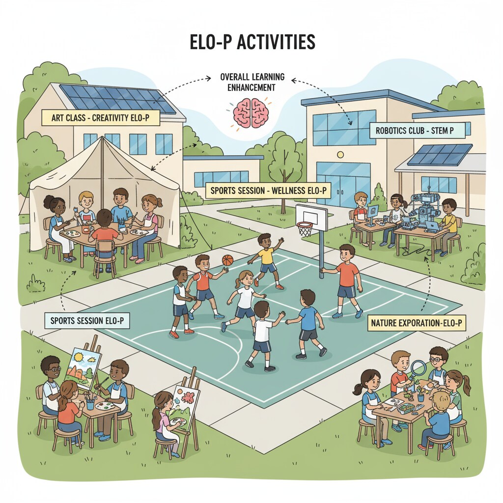 A school is shown conducting various ELO-P activities like art classes and sports sessions to enhance the overall learning experience of students. School implementing ELO-P activities to enhance student learning