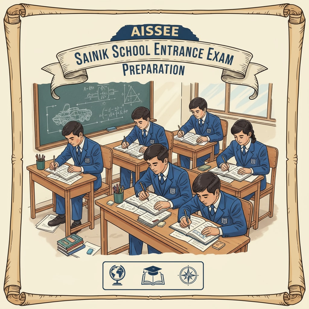 A group of students sitting at desks, looking at books and papers, showing their preparation for the AISSEE Sainik School entrance exam. Students preparing for AISSEE 2026 Sainik School entrance exam
