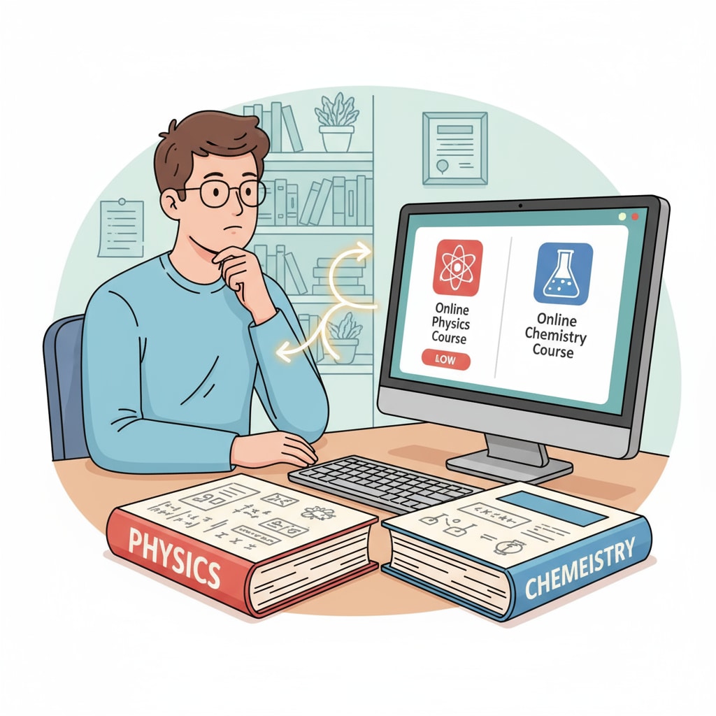 A student is sitting in front of a computer, looking at two books, one labeled Physics and the other Chemistry, with a thoughtful expression, representing the decision - making process in online learning. A student choosing between physics and chemistry for online learning in the context of the health field