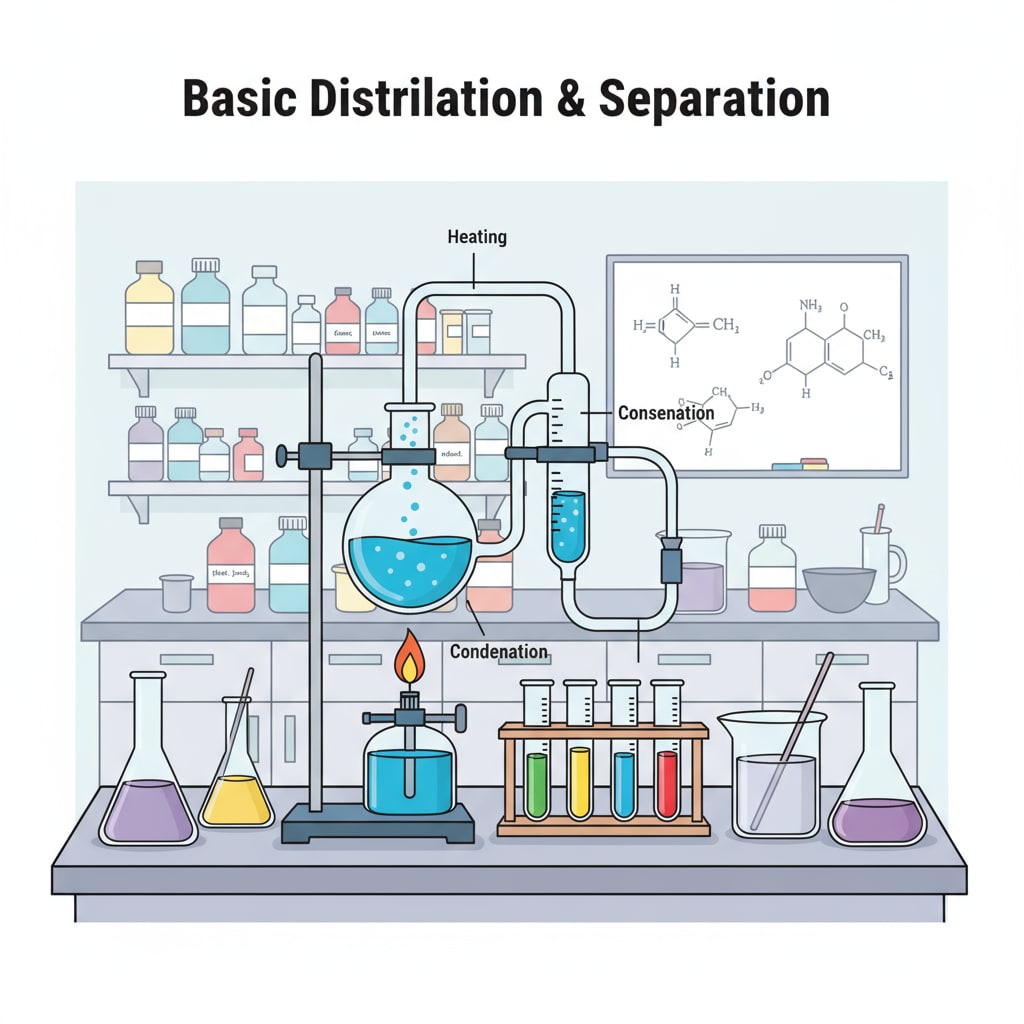 A laboratory setup with various scientific equipment like test tubes, beakers, and Bunsen burners, showing the practical side of chemistry. A laboratory setup related to chemistry for online learning in the health field