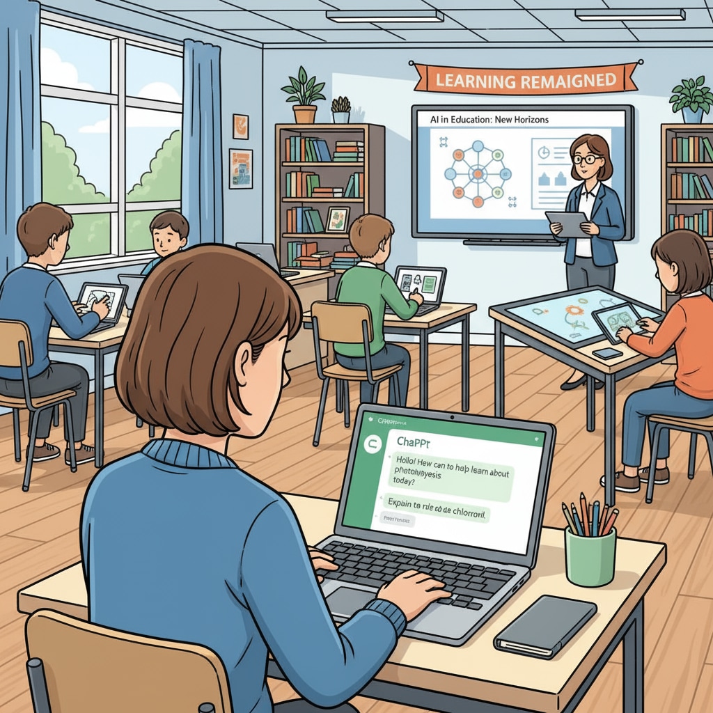 A classroom scene where students are using digital devices. One student has a laptop open with a ChatGPT interface visible, highlighting the new reality of AI in education. Students using digital devices with ChatGPT interface in a classroom related to cheating prevention, ChatGPT, homework, and students' free time