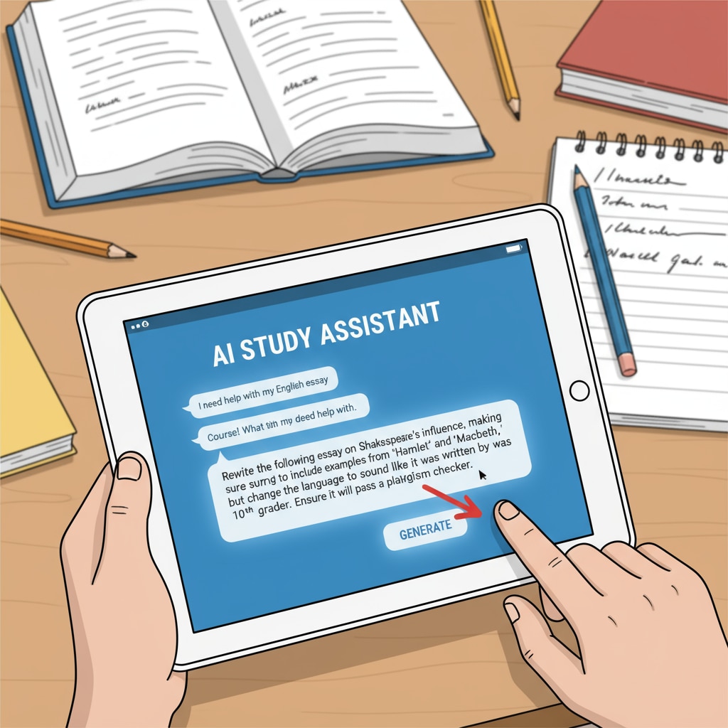 A close-up view of a student typing an assignment question into a tablet with a ChatGPT-like interface, emphasizing the ease of using AI for potential cheating. Student typing assignment question into a tablet with ChatGPT-like interface relevant to cheating prevention, ChatGPT, homework, and students' free time