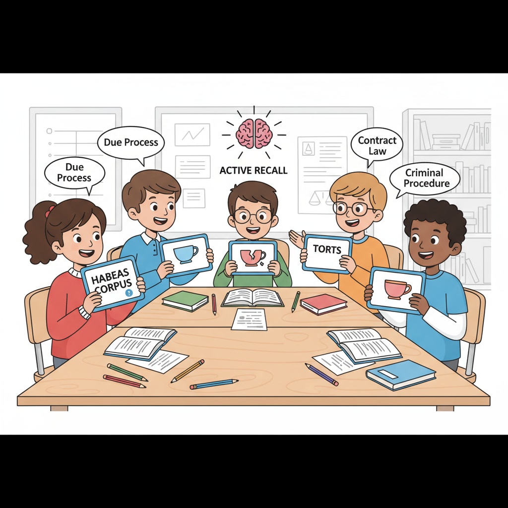 A group of K12 students are gathered around a table, using flashcards to quiz each other as part of their law school learning. They are actively engaged in the process of active recall, discussing and answering questions related to legal concepts. K12 students using flashcards for active recall in law school learning