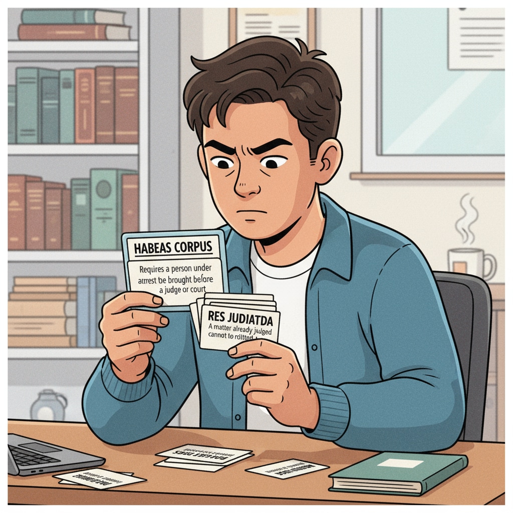 A single student is sitting at a desk, flipping through flashcards. The flashcards have legal terms and definitions on them. The student is actively recalling the information, furrowing their brow in concentration as they study for law school. Student actively recalling legal knowledge using flashcards during law school study