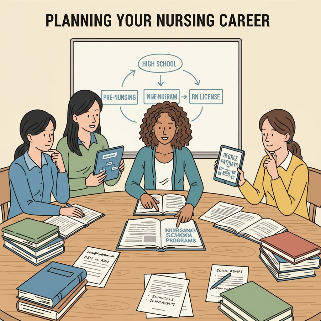 A group of students are sitting around a table, discussing their educational plans related to nursing degrees. They are looking at books and papers, trying to figure out the best path to take. Students discussing educational plans for nursing degrees including aspects of FAFSA, associate degrees, and federal aid