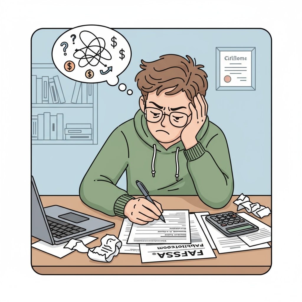 A student is sitting at a desk, looking frustrated while filling out a FAFSA form. There are papers and a calculator on the desk, indicating the complexity of the application process. Student frustrated while filling out FAFSA form for nursing education funding
