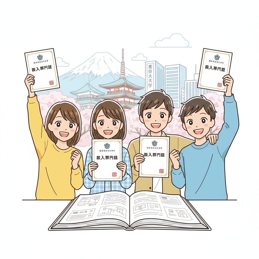 A group of students celebrating their acceptance into Japanese universities, showing joy and excitement as they hold acceptance letters. BTEC diploma holders celebrating acceptance into Japanese universities