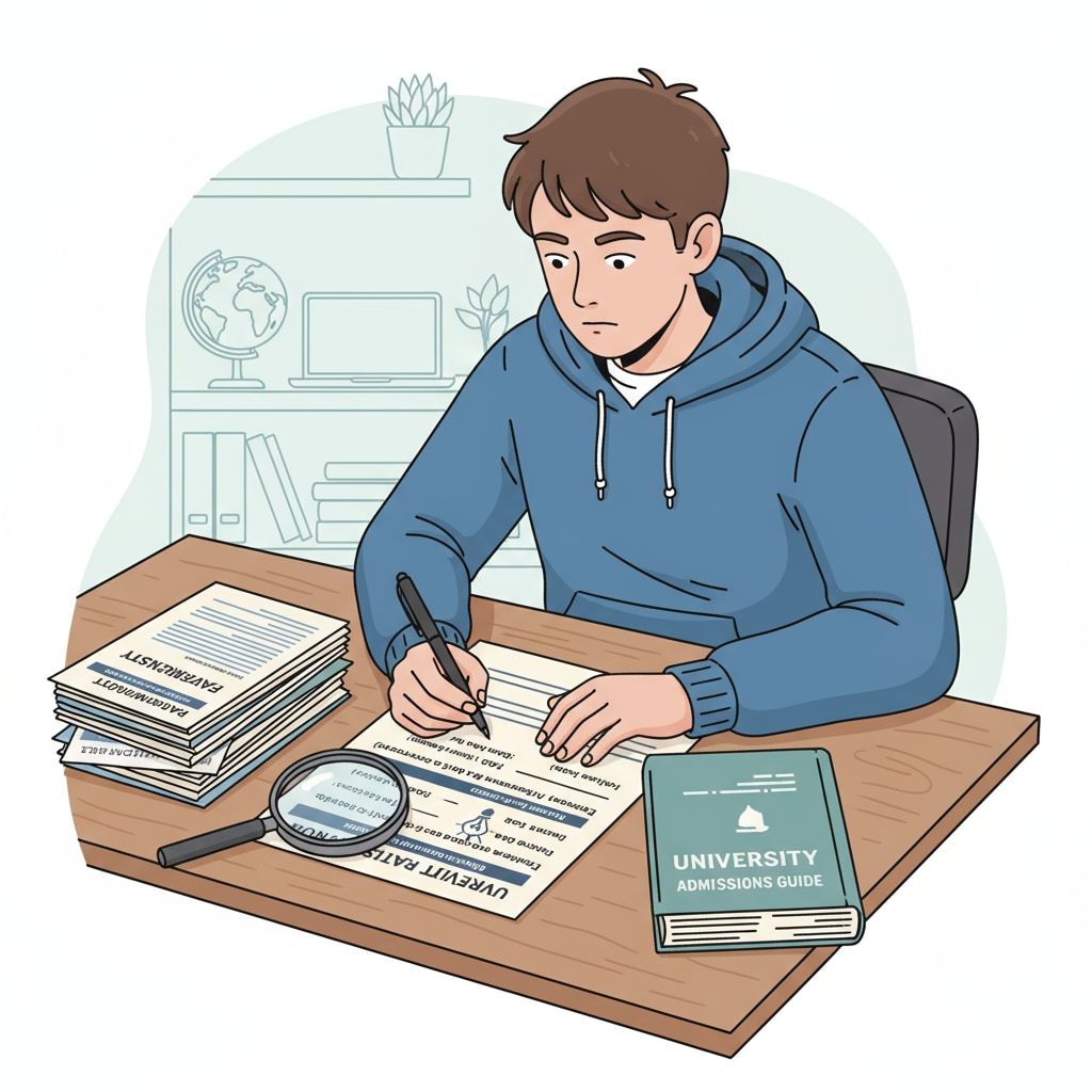 A student carefully filling out a university application form, concentrating on entering accurate information. A BTEC diploma holder filling out a Japanese university application form