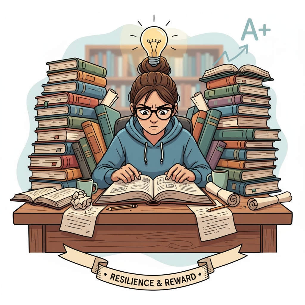 A student sitting at a desk, looking determined while surrounded by books, representing the effort to overcome academic setbacks A student showing determination to overcome academic failure through studying